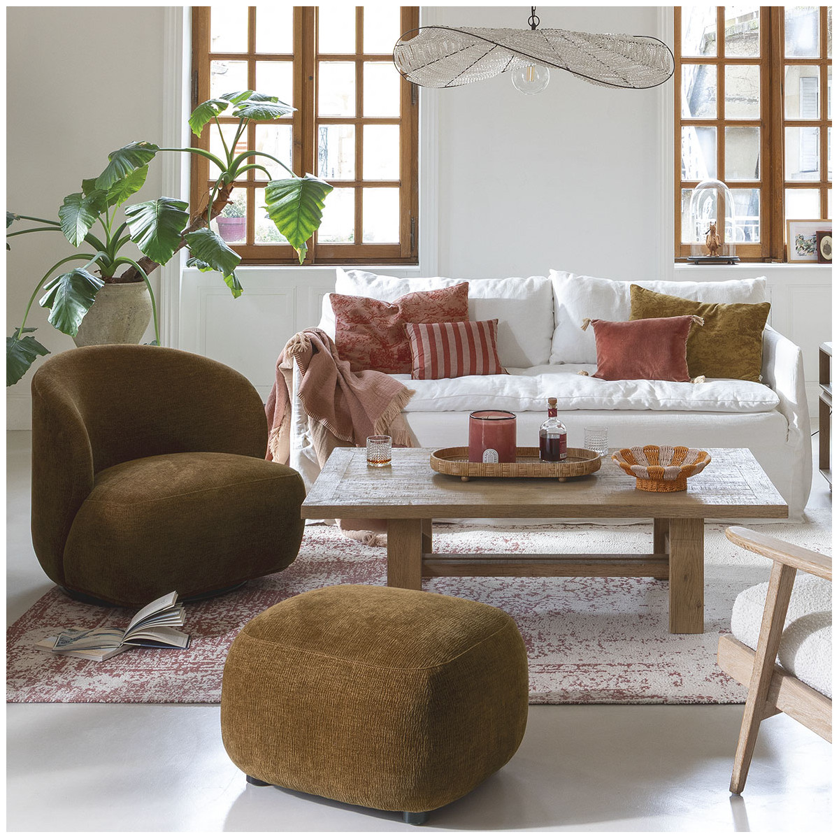 Pouf LISETTE velours marbré tabac, BLANC D’IVOIRE