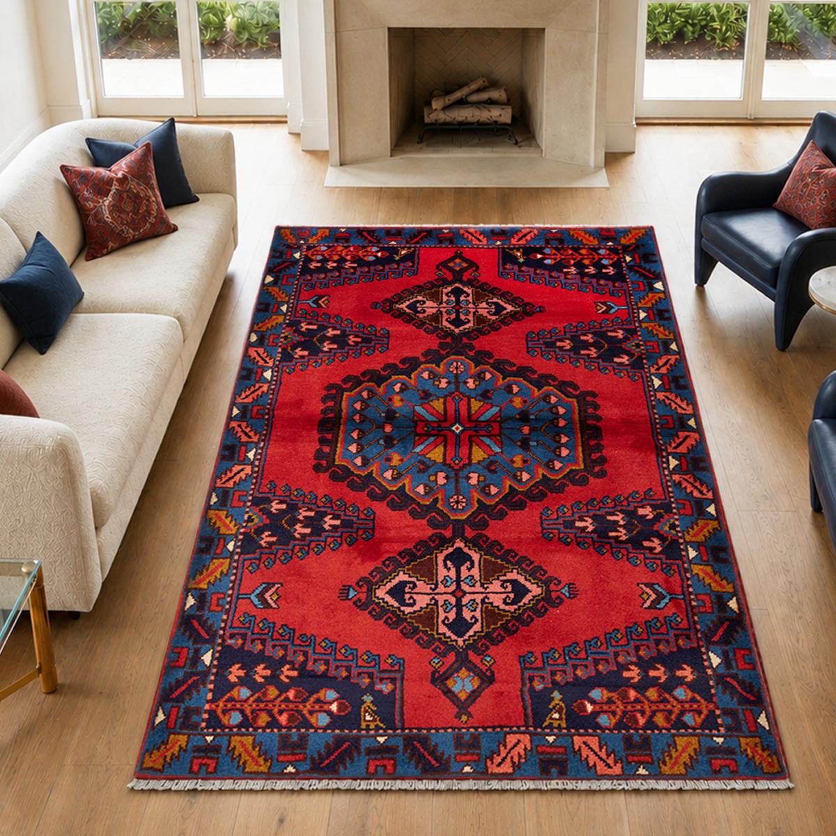 Tapis d'orient, motif oriental authentique, noué main, HAMADAN 179 rouge, bleu, rose, UN AMOUR DE TAPIS