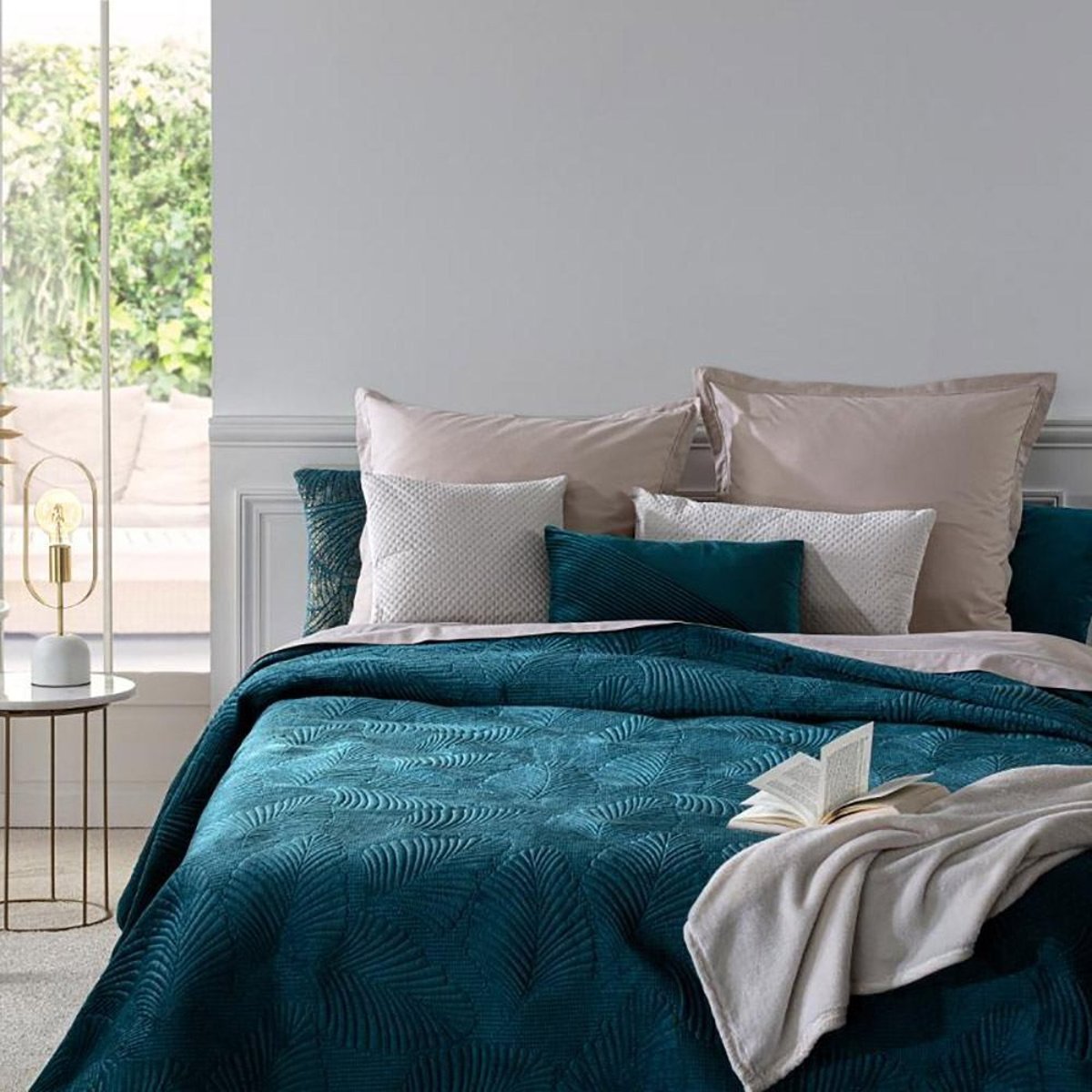 Dessus de lit velours 240x260 Feuille canard bleu, ATMOSPHERA