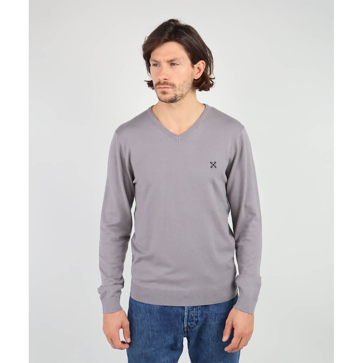 Pull léger col V PREVIO gris cendre, OXBOW