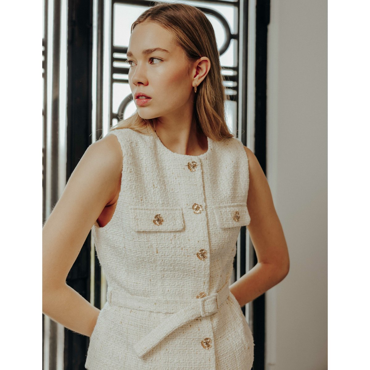 Veste en tweed sans manches blanc écru, BZB