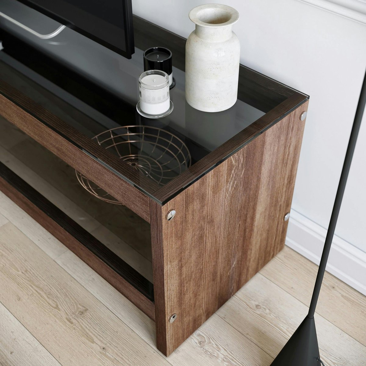 Meuble TV en bois brun et verre fumé - LHASA bois naturel, PIER IMPORT