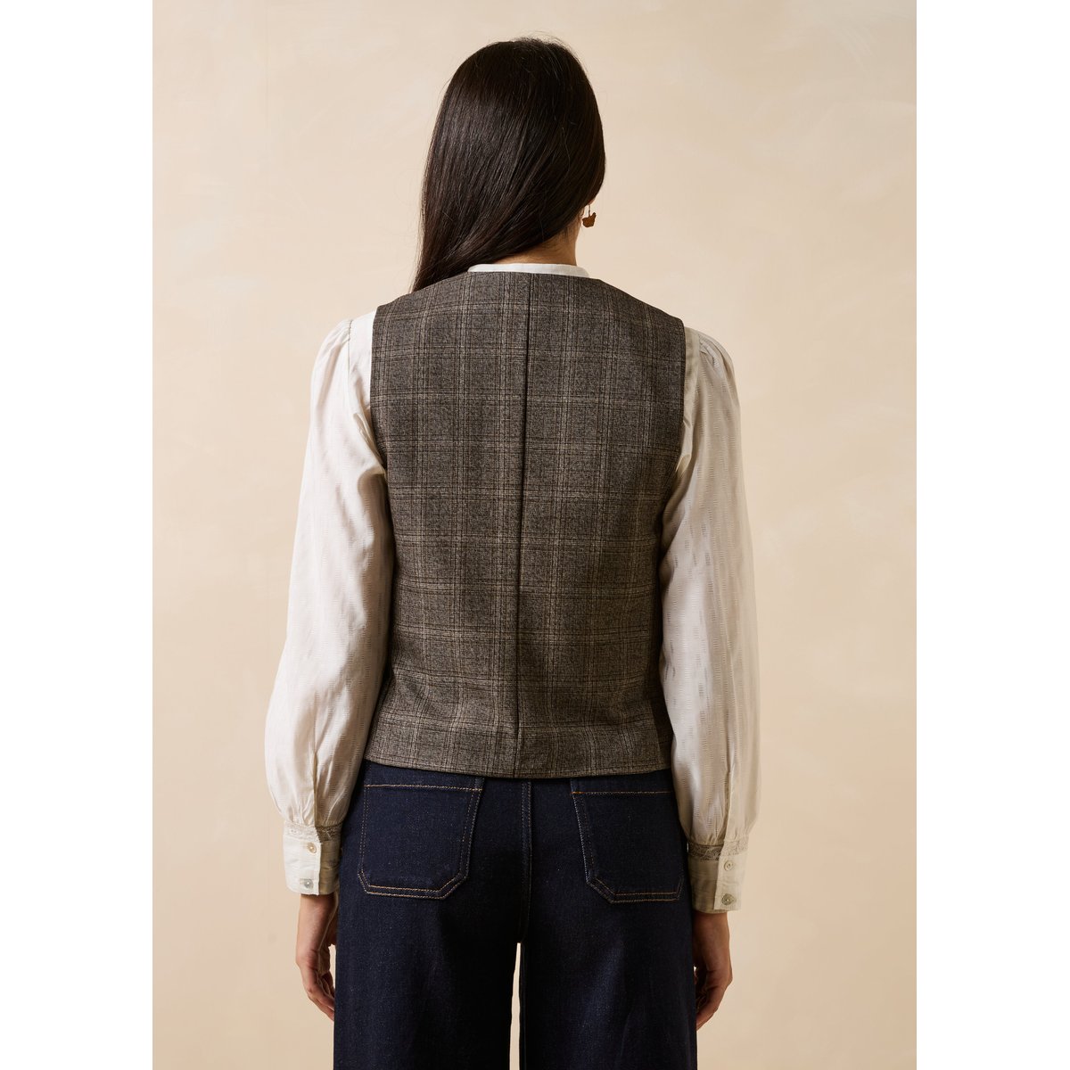 Veste sans manches col V à carreaux marron, LA FEE MARABOUTEE