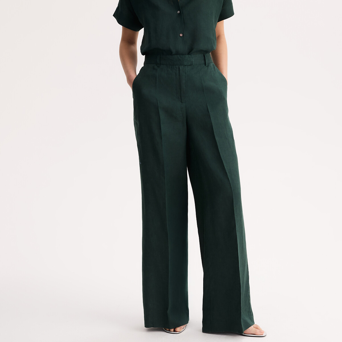 Pantalon large en lin  vert foncé, ANNE WEYBURN