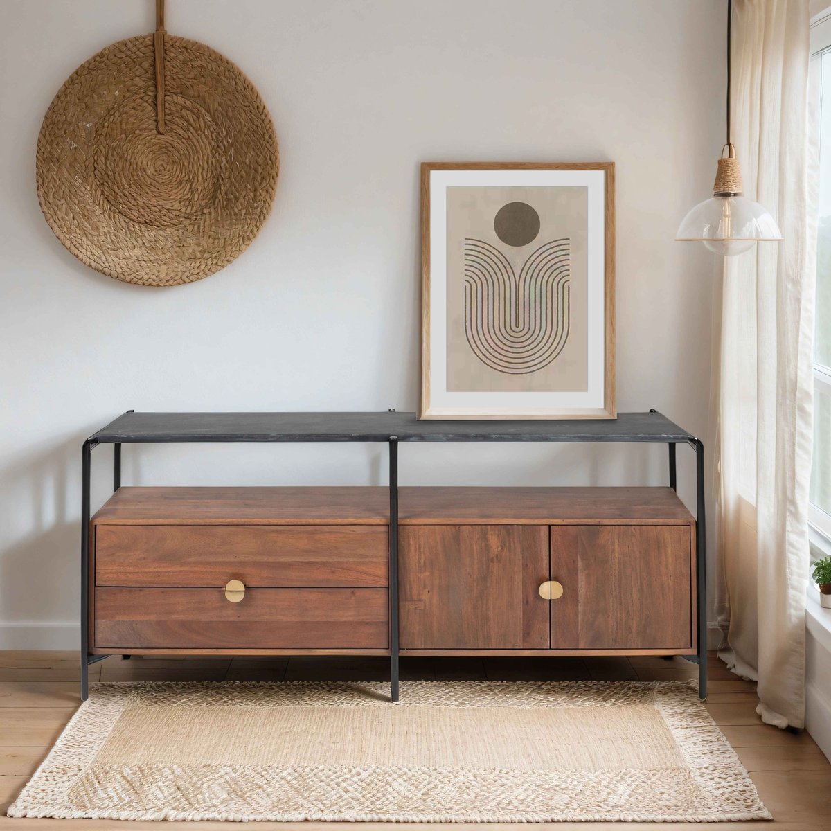 Meuble TV en acacia avec plateau en marbre 152 cm, MONA marron, OVIALA