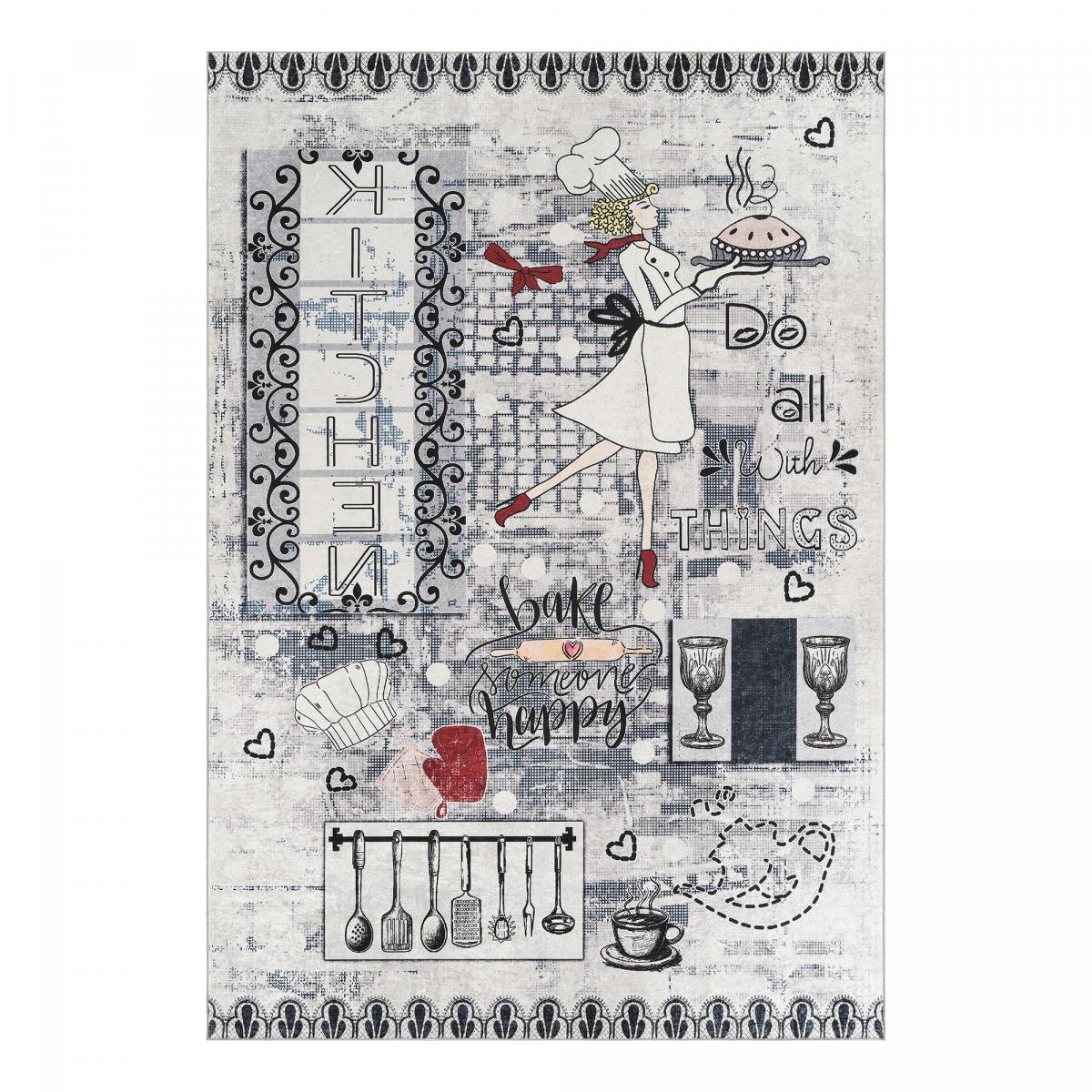 Tapis de cuisine, motif texte kilim tissé, lavable en machine LYN11 CHEF gris, noir, rouge, UN AMOUR DE TAPIS