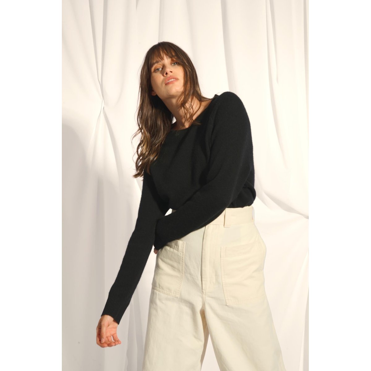 Pull Col Rond 4 Fils Noir Kona noir, JUST CASHMERE