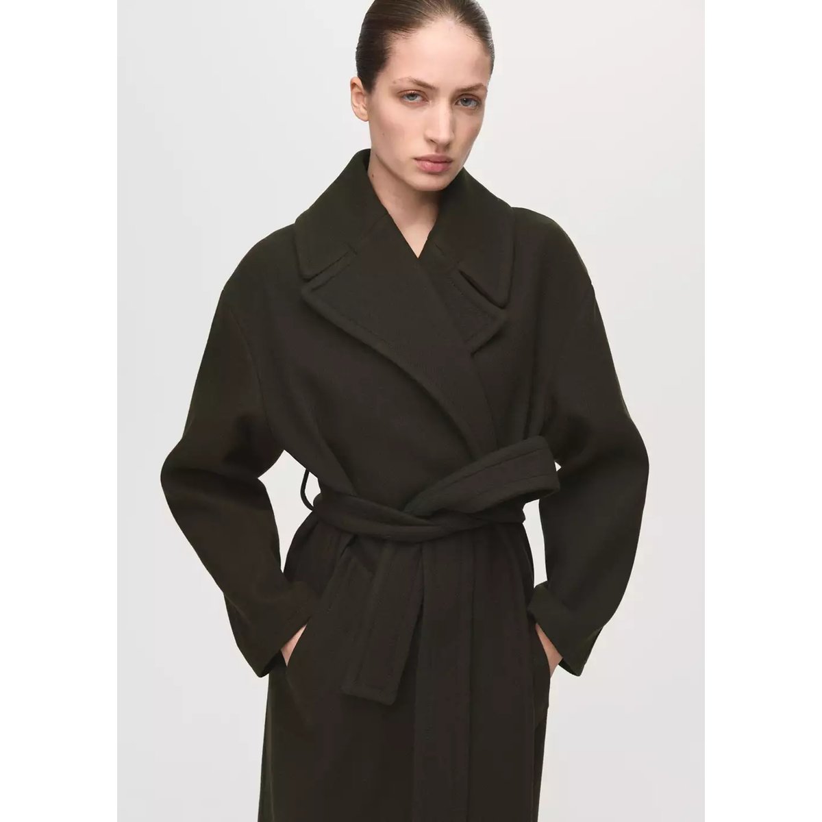 Manteau laine Manteco ceinture kaki, MANGO