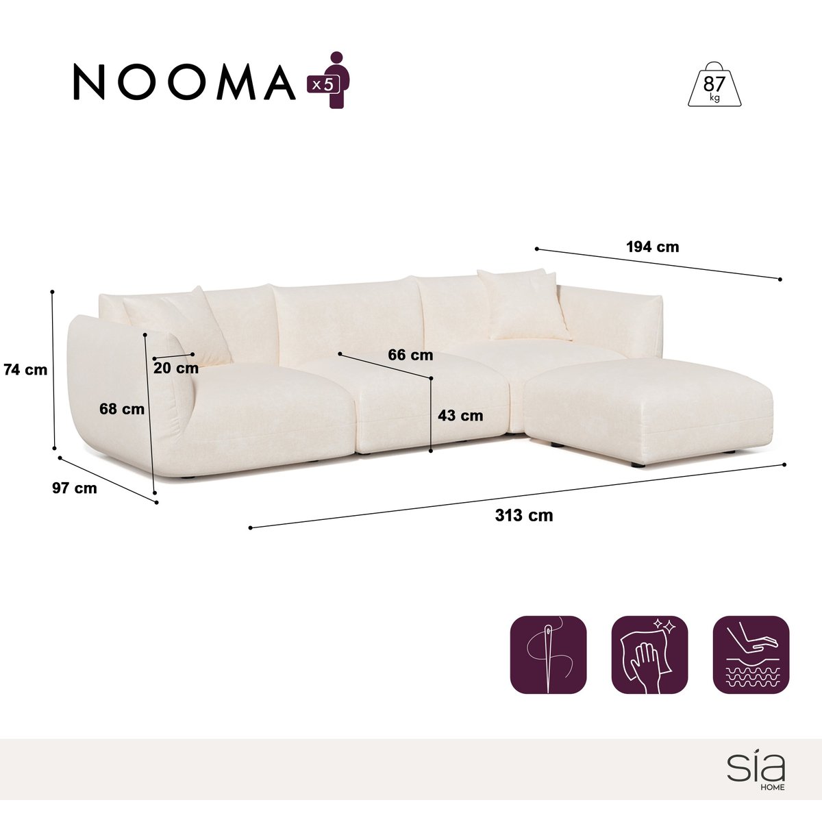 Canapé d'angle modulable 6 places en velours chenillé NOOMA terracotta, SIA HOME