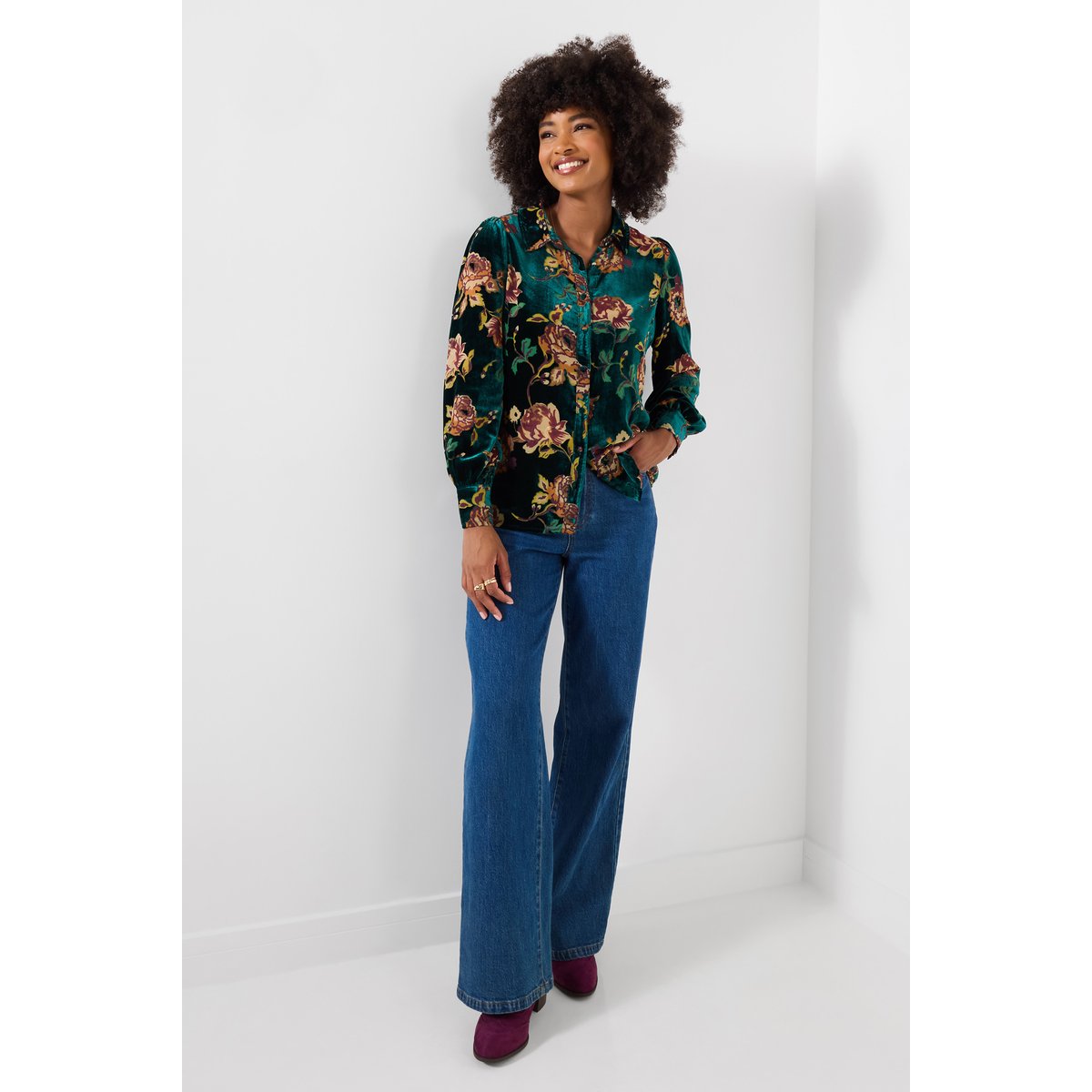 Blouse à Col en Velours Dévoré Fleuri vert, JOE BROWNS