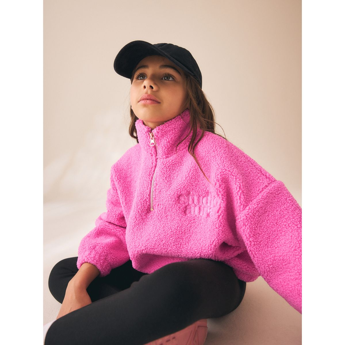 Veste semi-zippée en peau lainée à doublure rose, NEXT