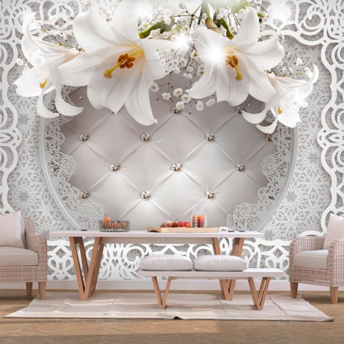 Papier peint intissé panoramique Fleurs Lilies and Quilted Background jaune / doré, EDEN