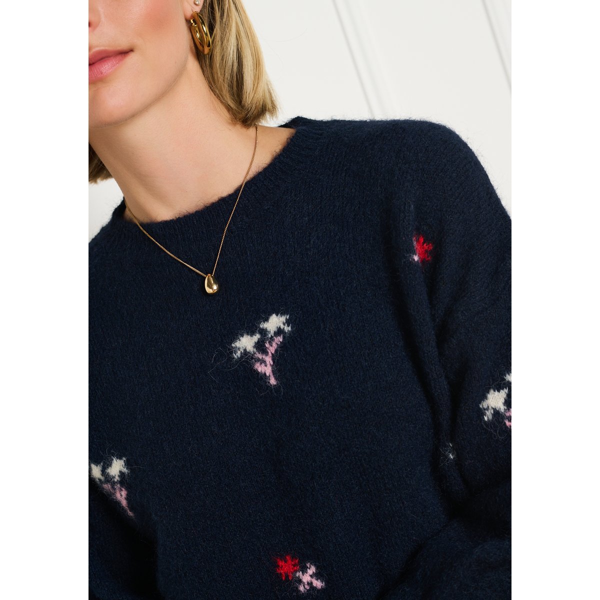 Pull jacquard fleuri bleu marine, LOLALIZA