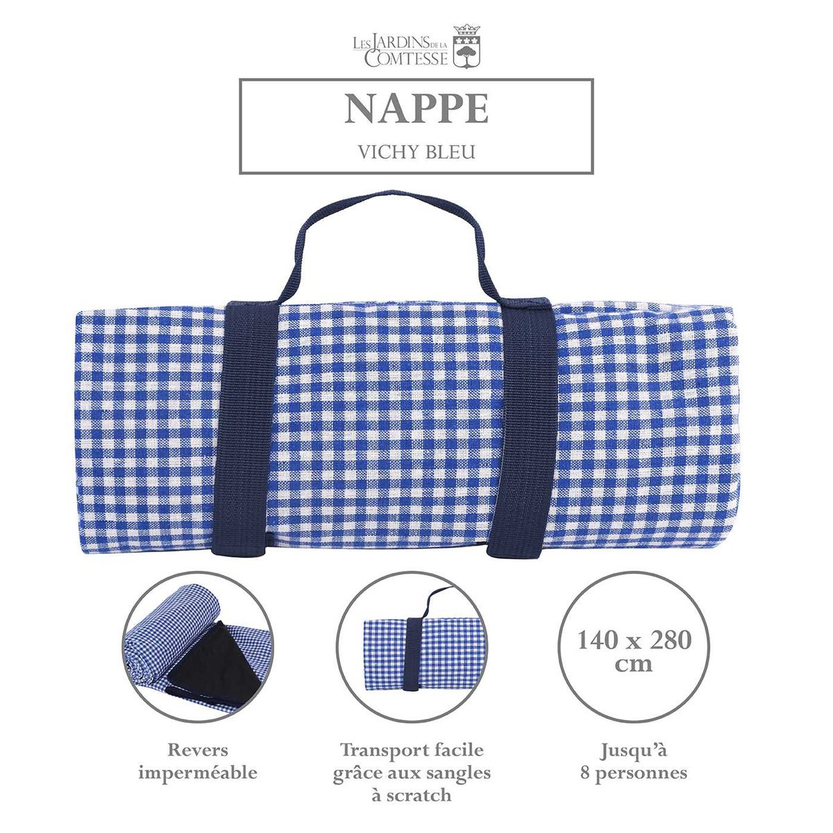 Nappe pique-nique à revers imperméable bleu et blanc, LES JARDINS DE LA COMTESSE