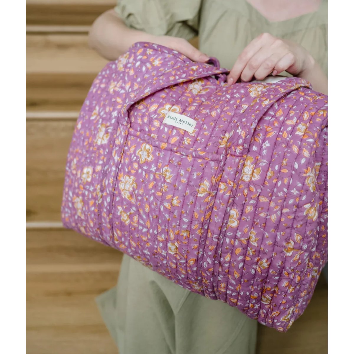 Sac weekend en coton Folk Stories imprimé au blockprint rose, BINDI ATELIER
