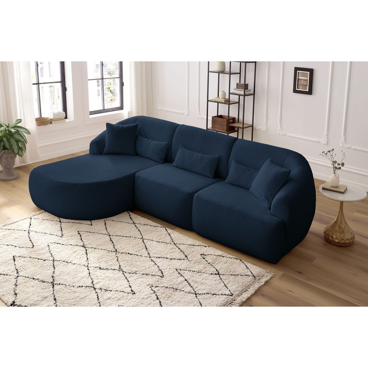 Canapé d'angle fixe 3 places en tissu bouclette, ALESIA bleu foncé, BOBOCHIC