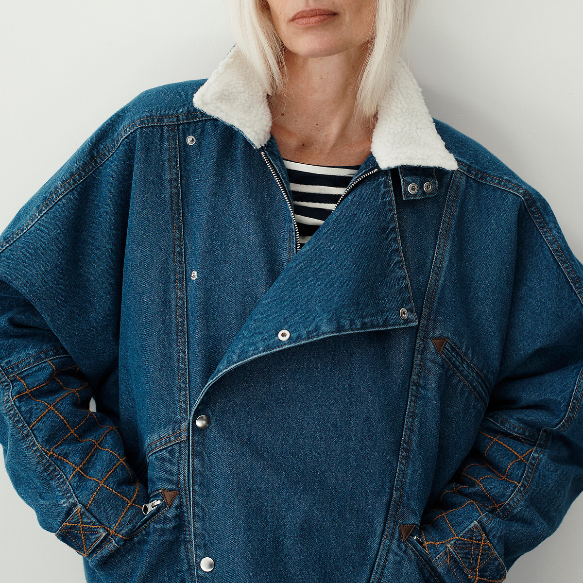Short Biker Style Jacket in Washed Denim stonewashed blue, La Redoute Collections x Sixsœurs