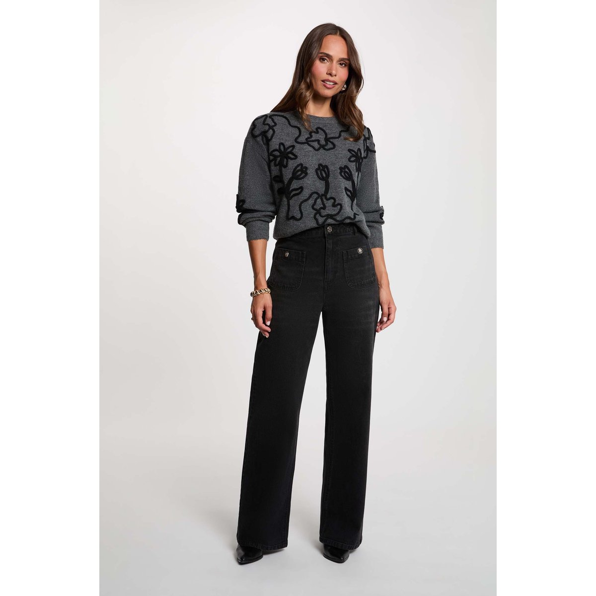 Pull col rond fantaisie gris foncé, MORGAN