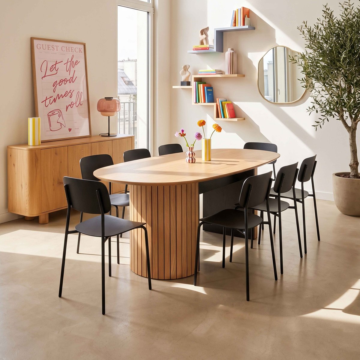 Table à manger avec plateau en mfd plaqué chêne 10 personnes, NAYA bois, OVIALA