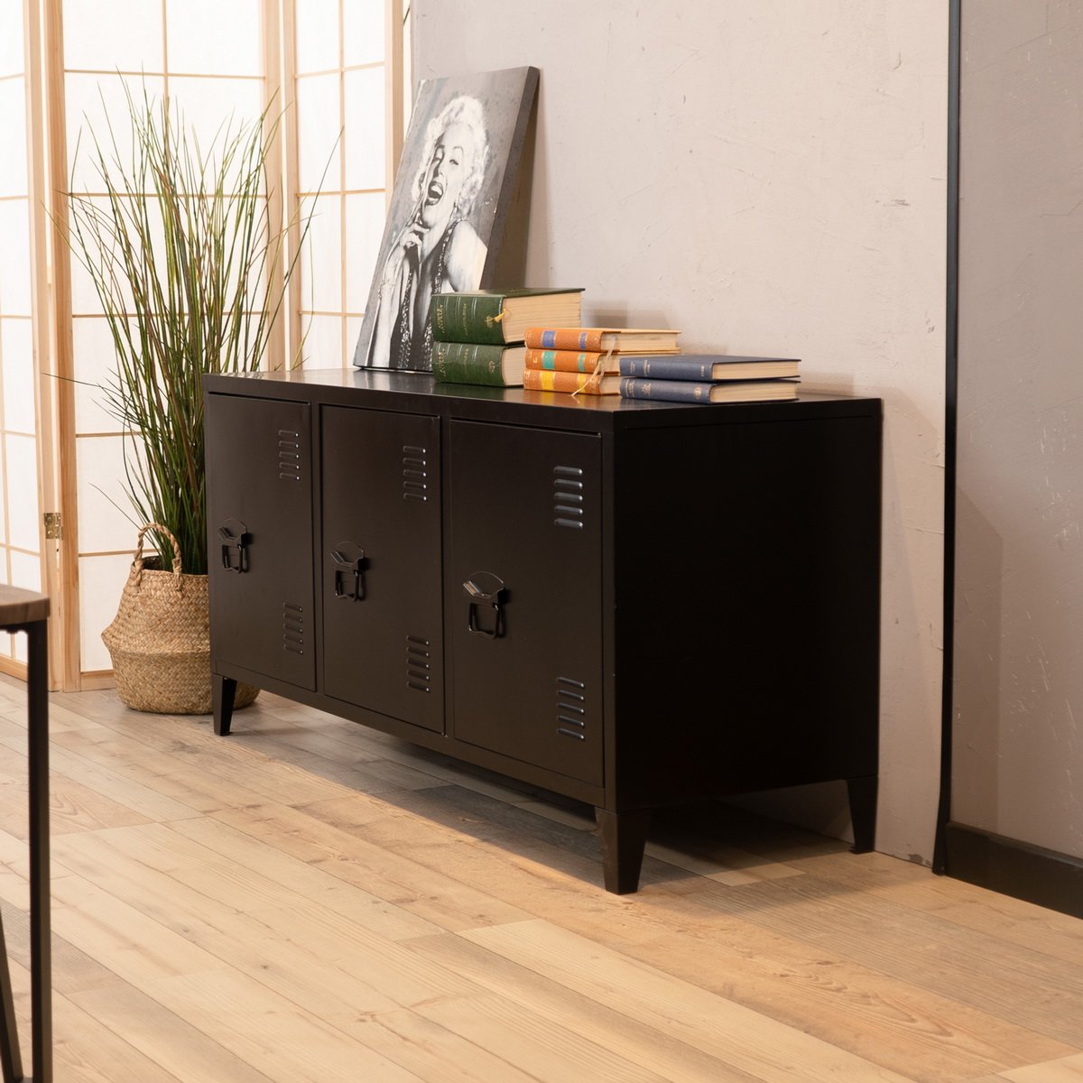 Armoire de rangement bas h58cm 3 portes 2 étagères en métal style industriel, MATAPOURI noir, MEUBLES COSY