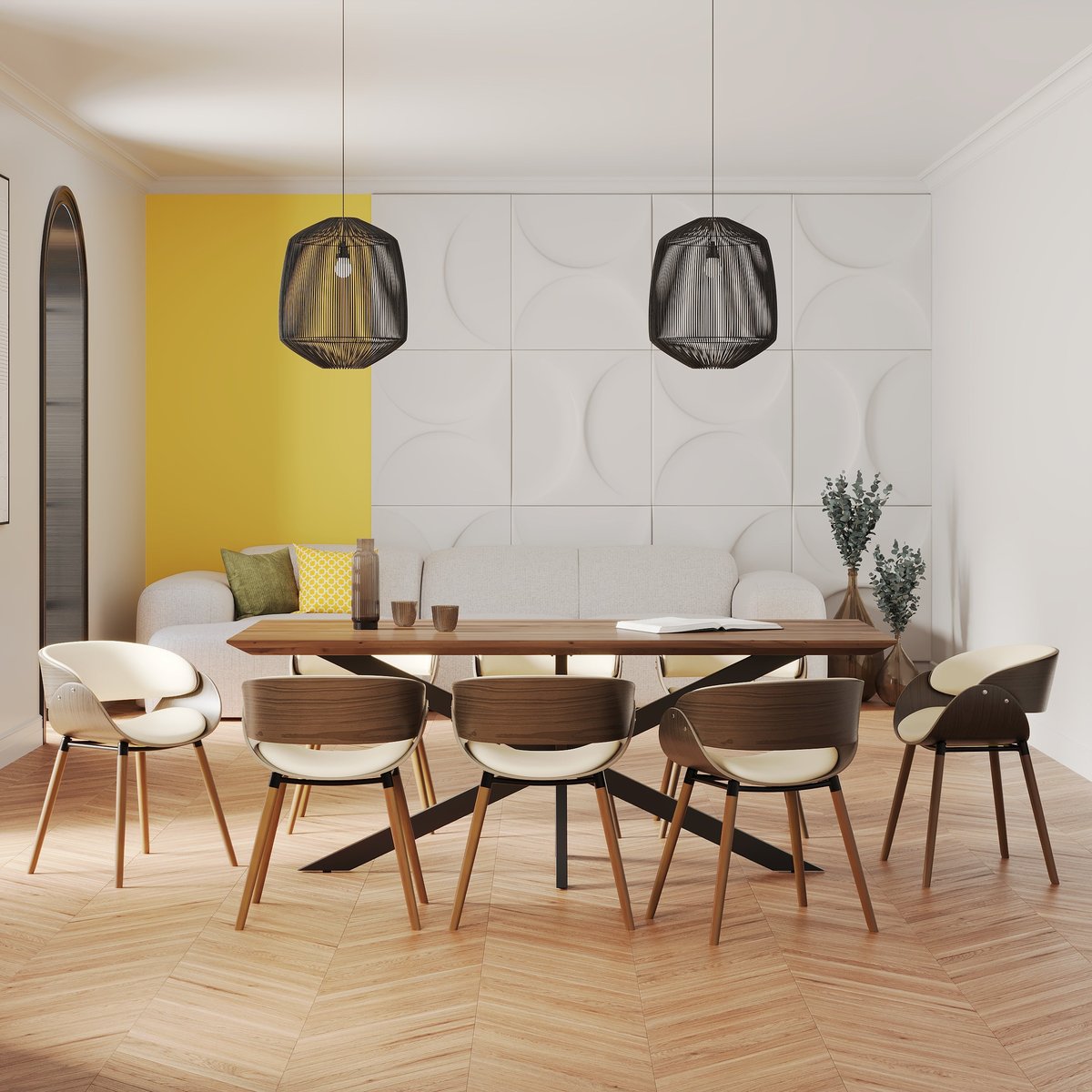 Table et chaises 8 personnes en cuir synthétique - SURDIMAN marron et beige, MAISON PAVANE