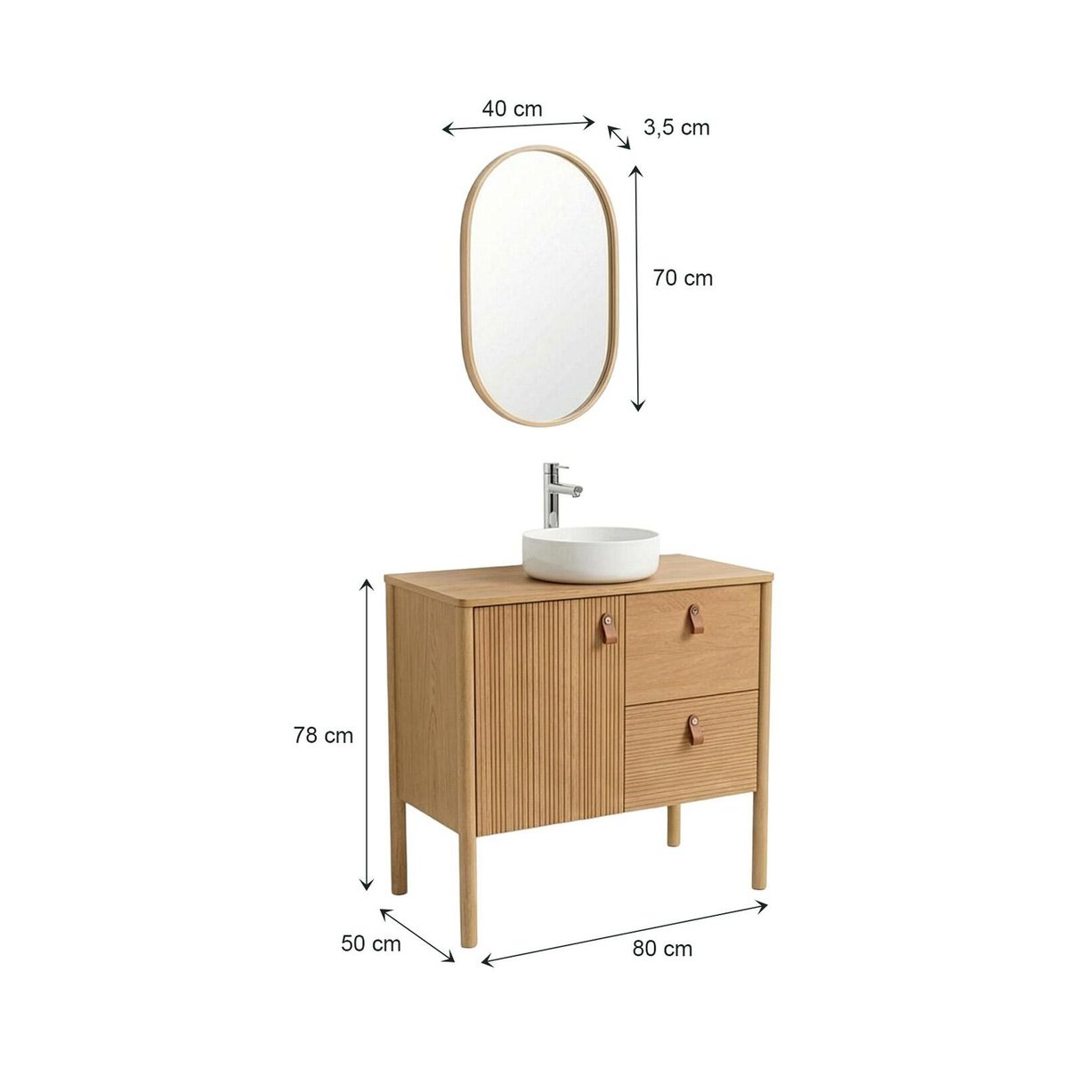 Meuble chêne 80cm sur pieds, vasque, robinet et miroir ovale JOY chêne, MOB IN