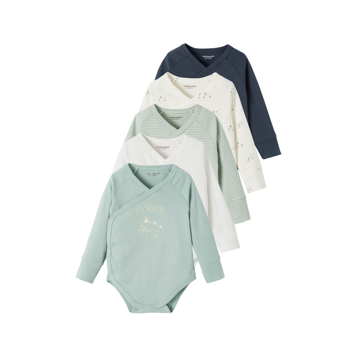 Lot de 5 bodies évolutif ouverture naissance bleu grisé, VERTBAUDET