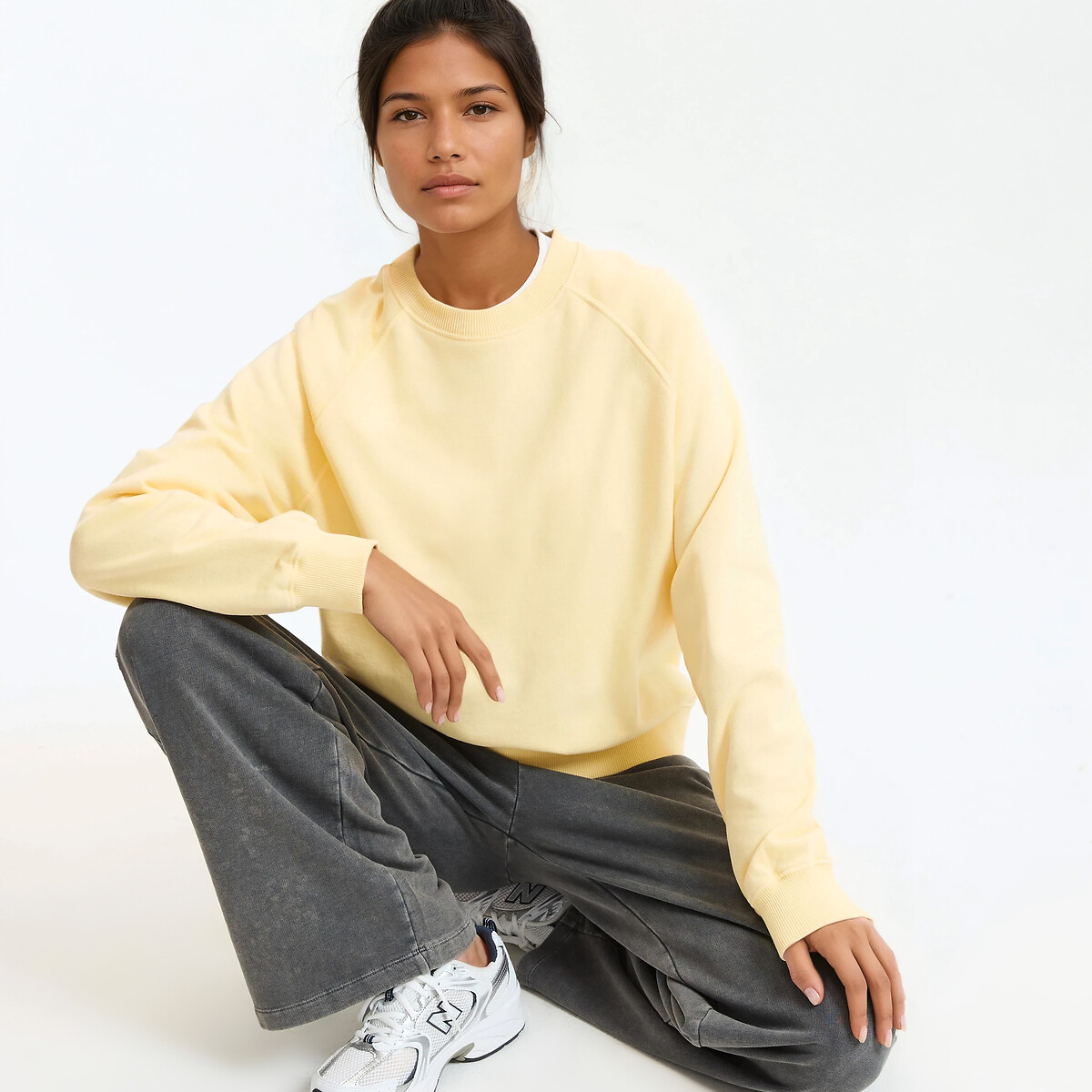 Sweat col rond, en coton, effet délavé jaune, LA REDOUTE COLLECTIONS