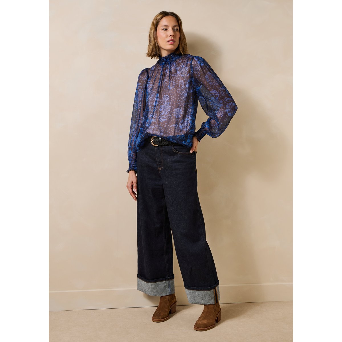 Top en voile imprimé floral manches longues bleu, LA FEE MARABOUTEE