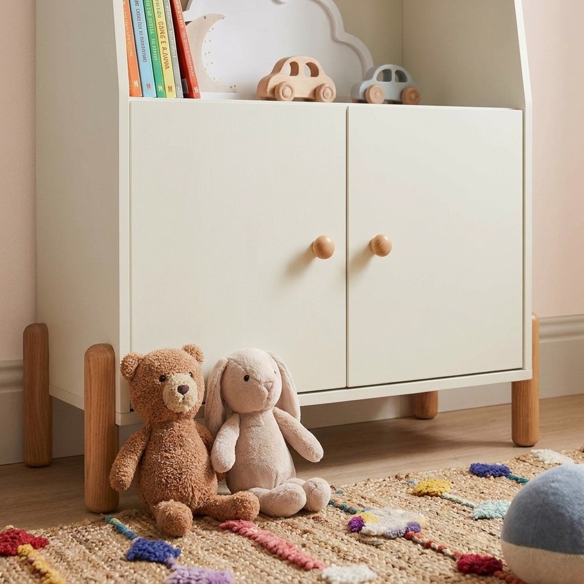 Bibliothèque enfant 2 portes  MONA beige et bois clair, BAÏTA