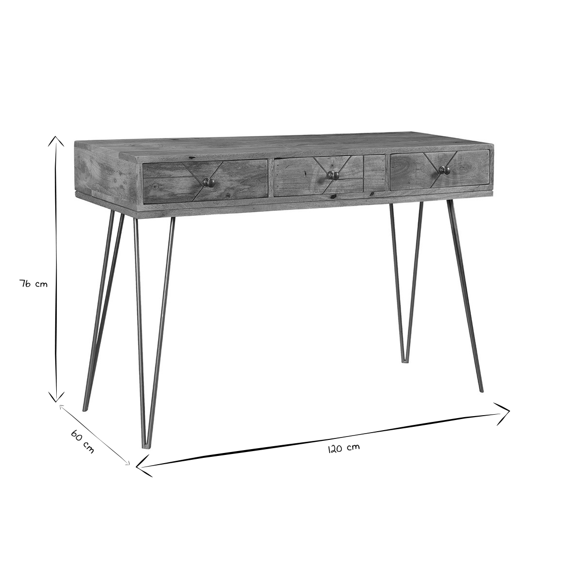 Console avec rangements 3 tiroirs en bois manguier massif gravé et métal doré L120 cm LINIUM naturel, MILIBOO