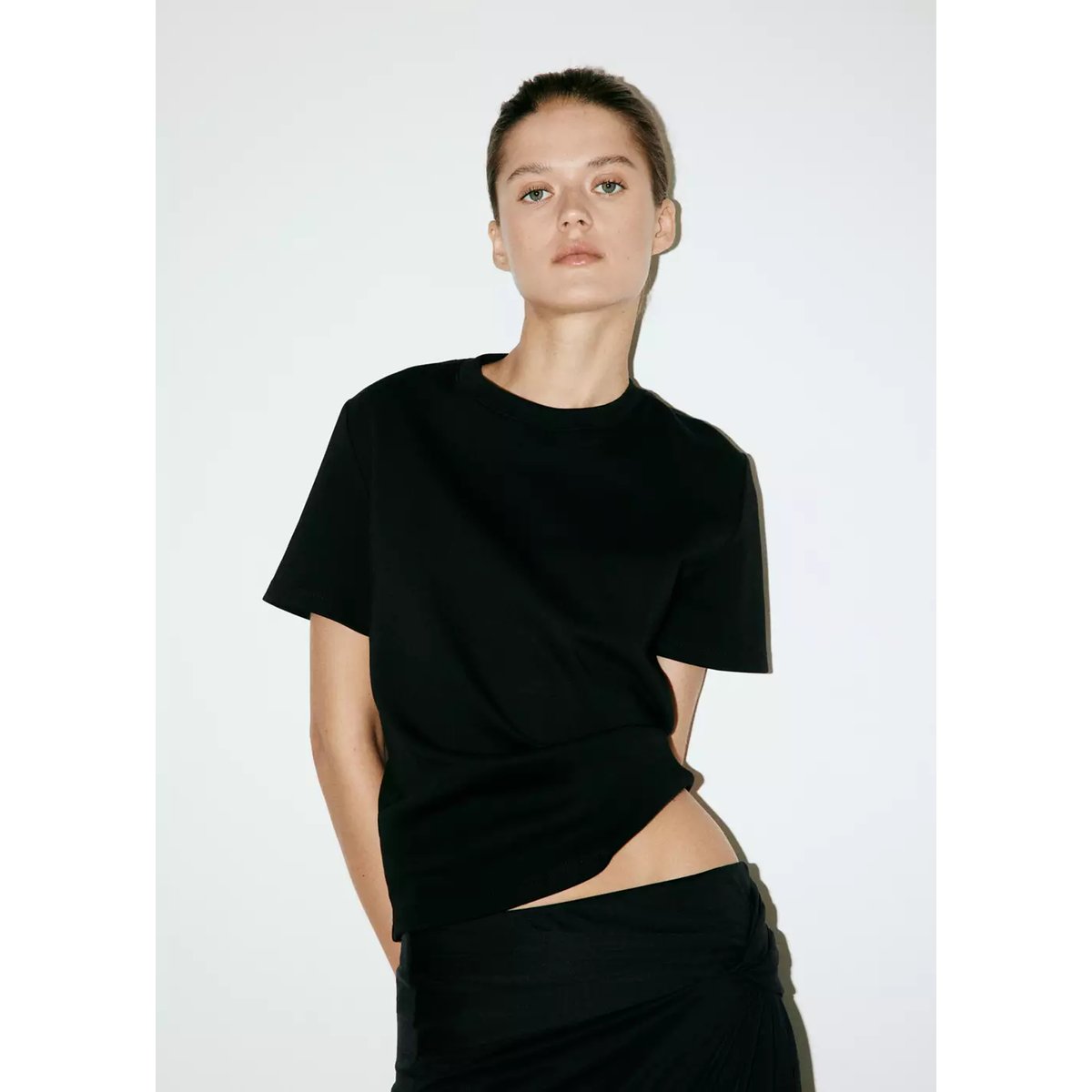 T-shirt coton col rond noir, MANGO