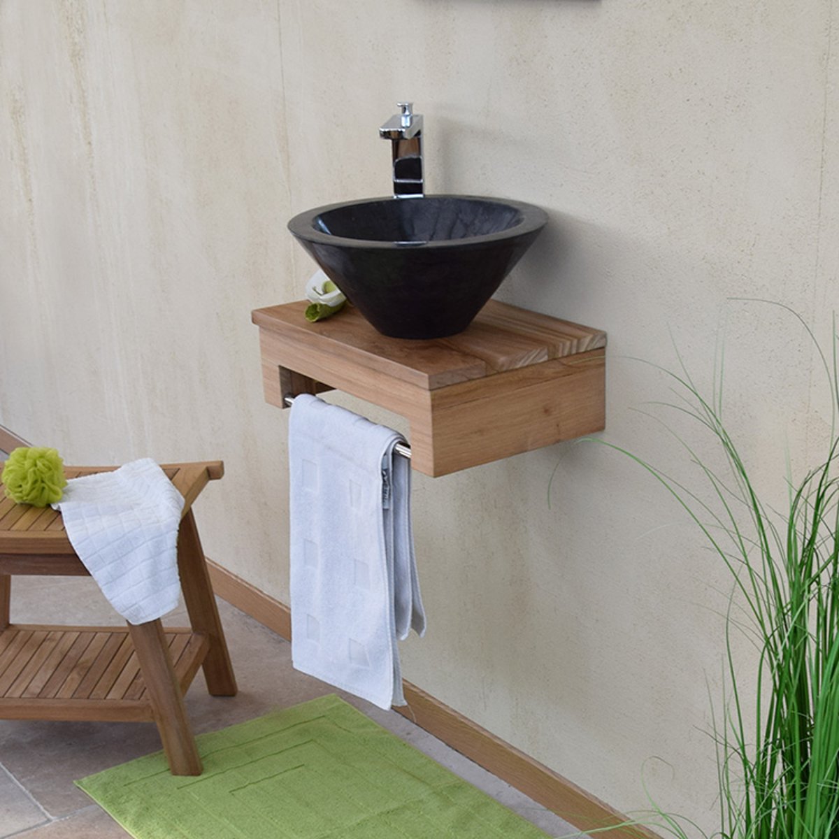 Meuble sous-vasque suspendu en teck pour lave-mains, Lazzia naturel, WILDWATER