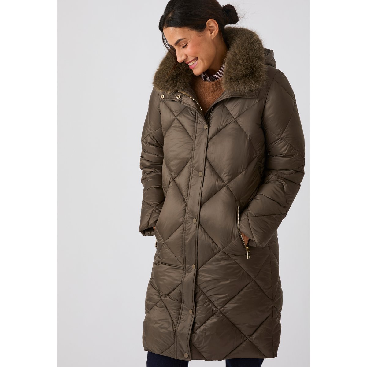 Maxi-doudoune brillante Thermolactyl vert taupe, DAMART