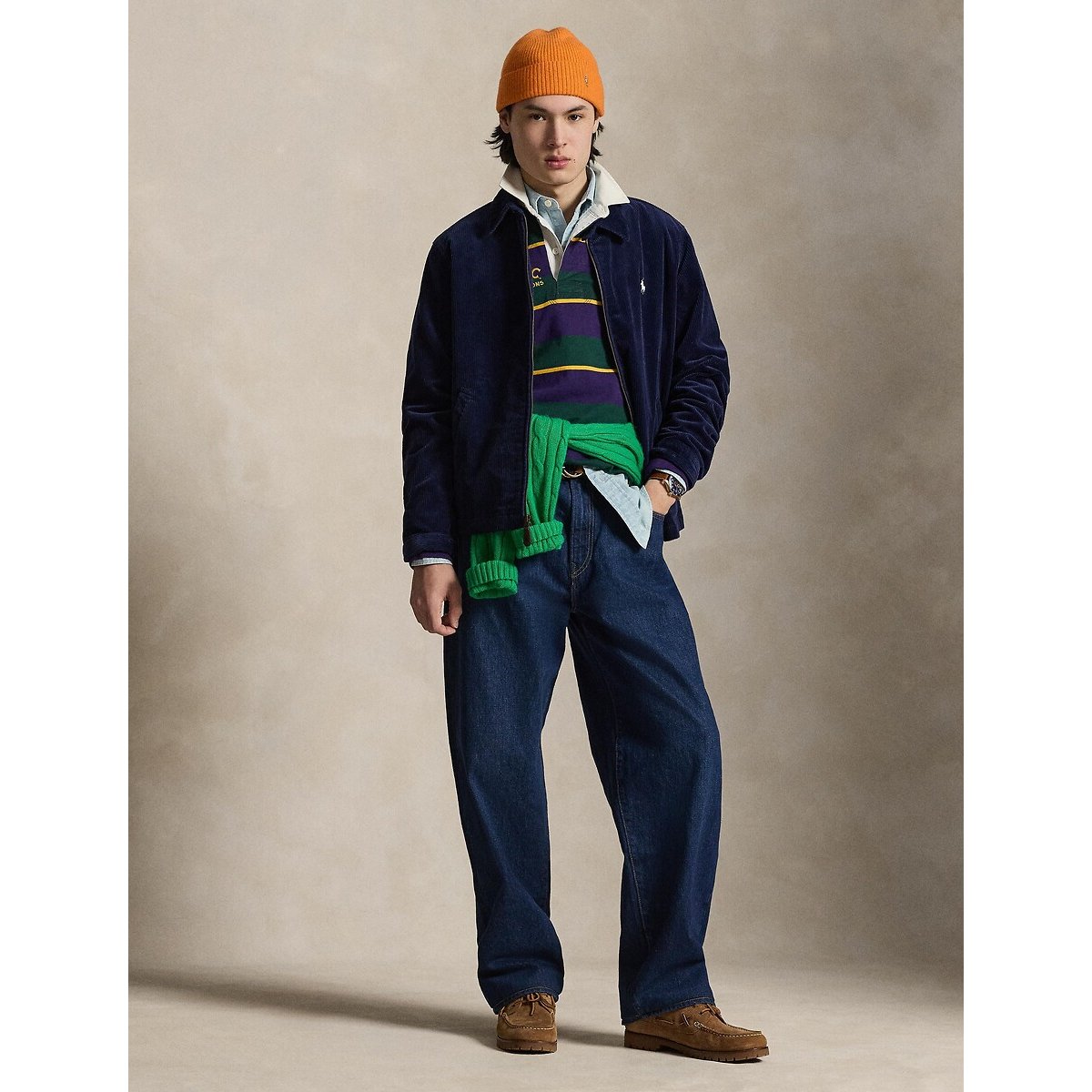Blouson velours à col polo bleu marine, POLO RALPH LAUREN