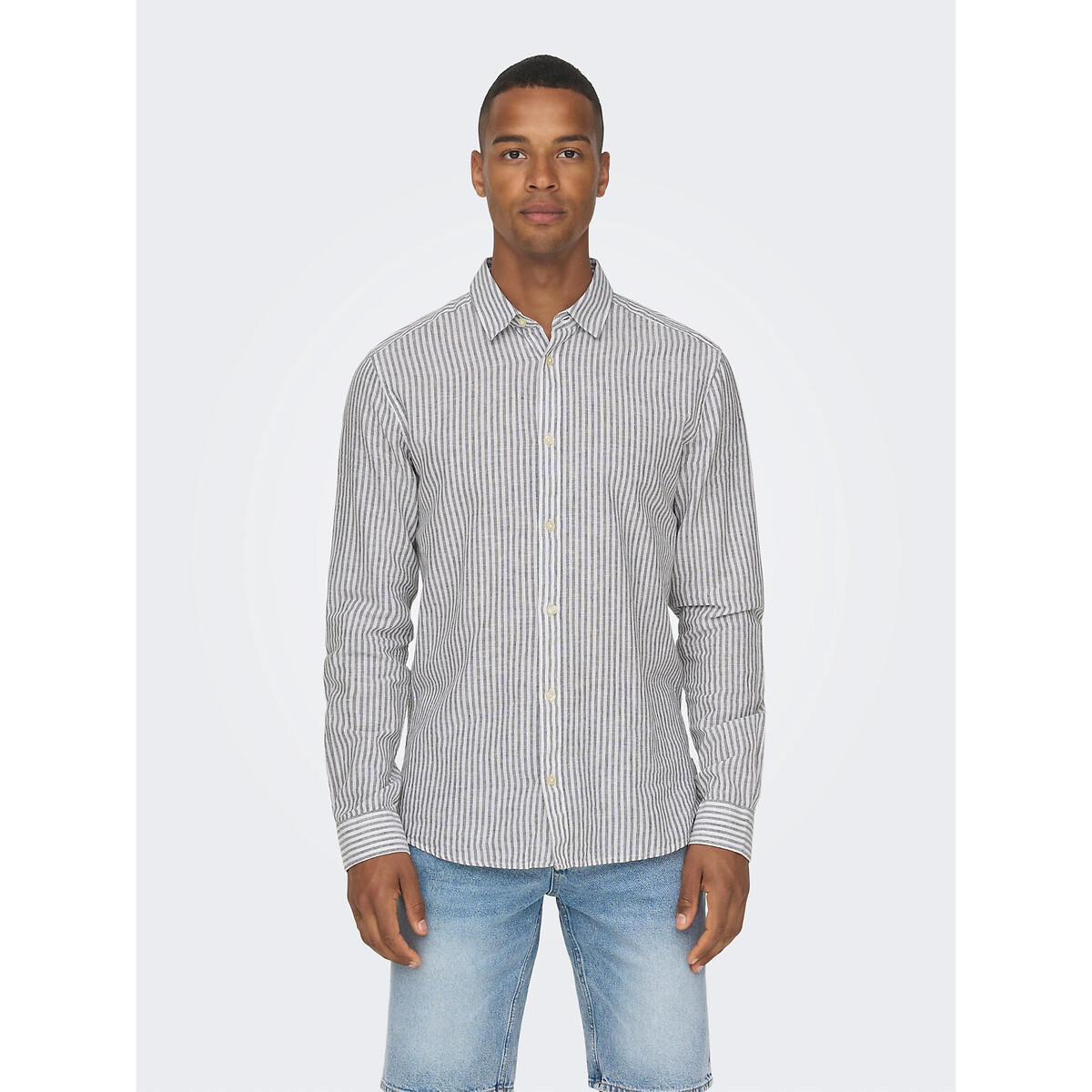 Chemise rayée slim fit coton lin bleu foncé, ONLY & SONS