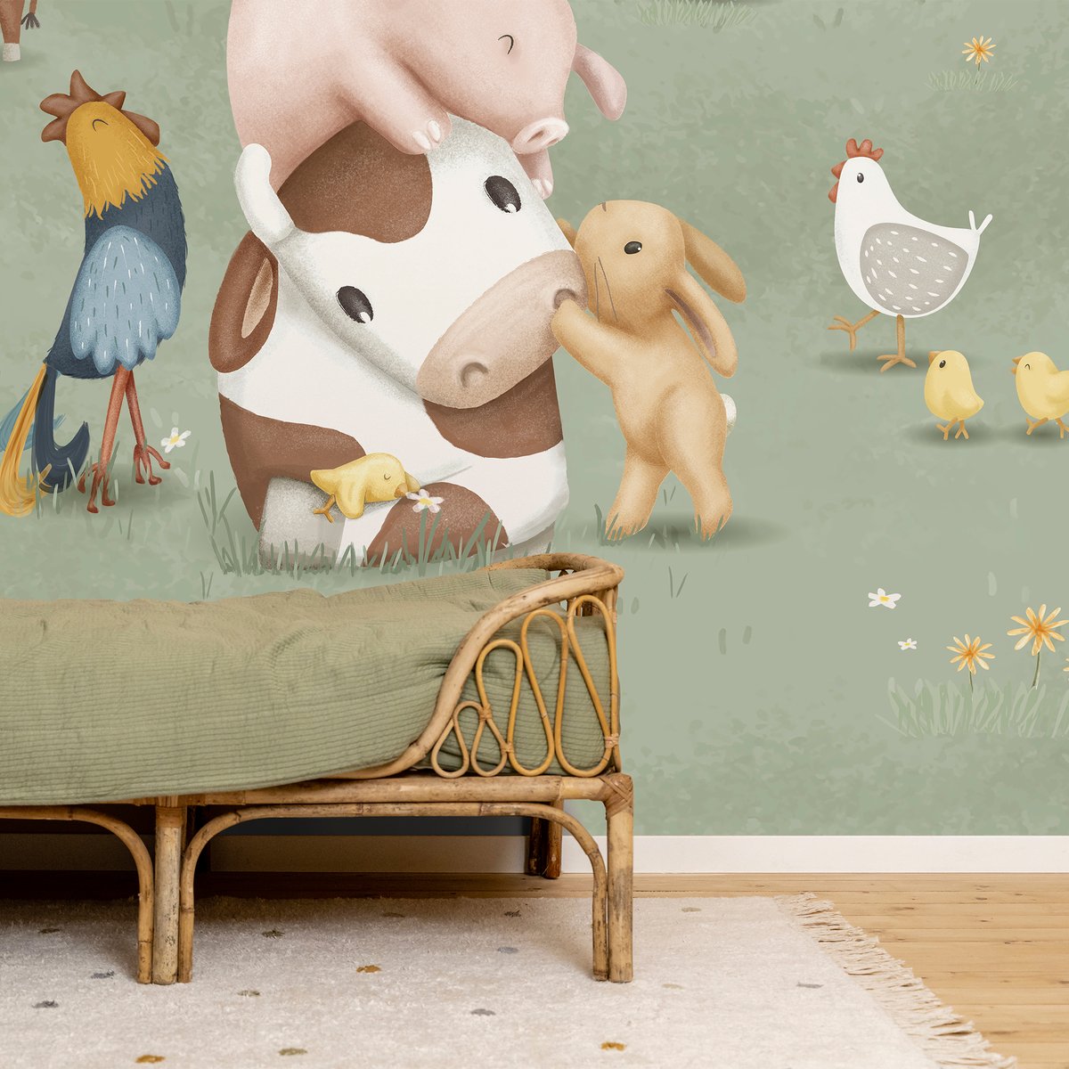 Papier peint panoramique pour enfant Animaux de la ferme coloris pastel, LITTLE DUTCH