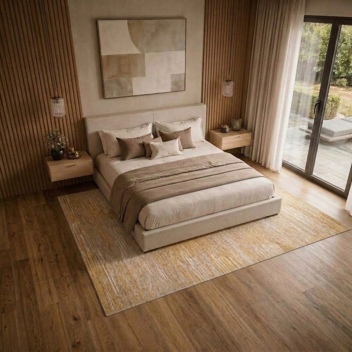 Tapis moderne tissé plat texture linéaire   ANNE LINEAIRE ocre beige linéaire, THE DECO FACTORY