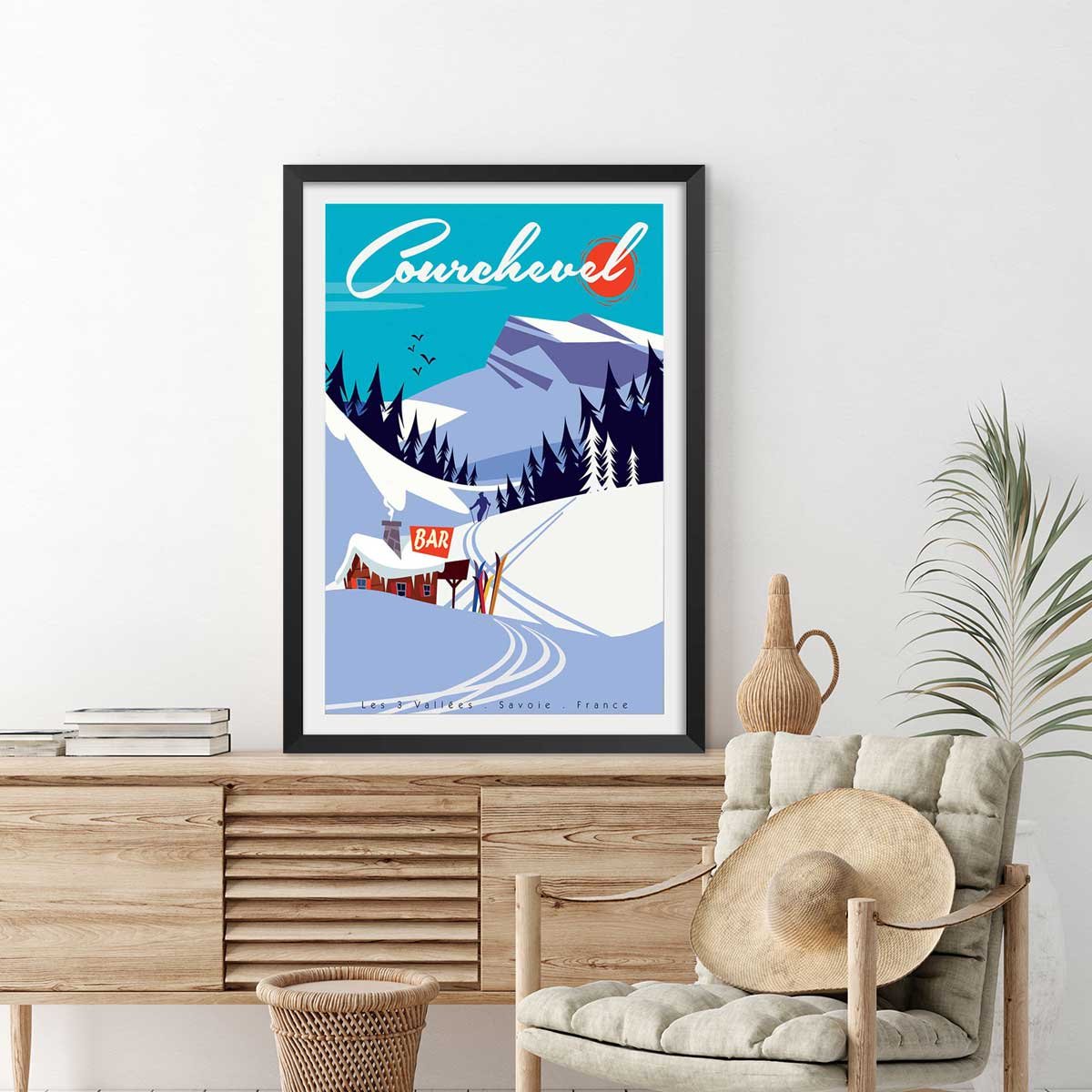 Poster ski courchevel affiche + cadre en bois - noir, HEXOA