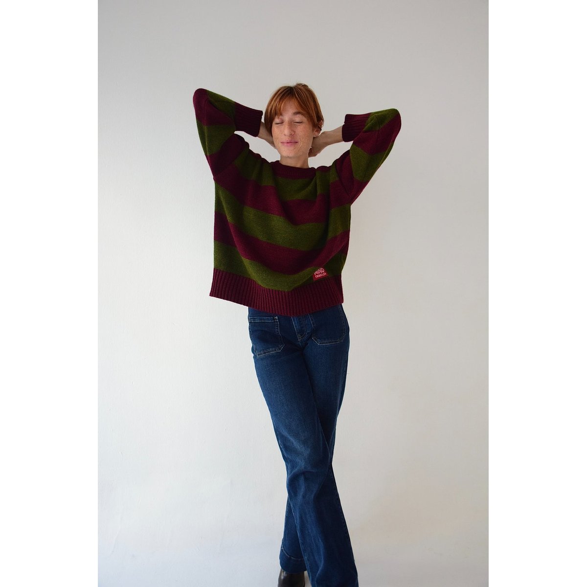 Pull rayé col rond ALEX kaki / bordeaux, MINDTRAVELER