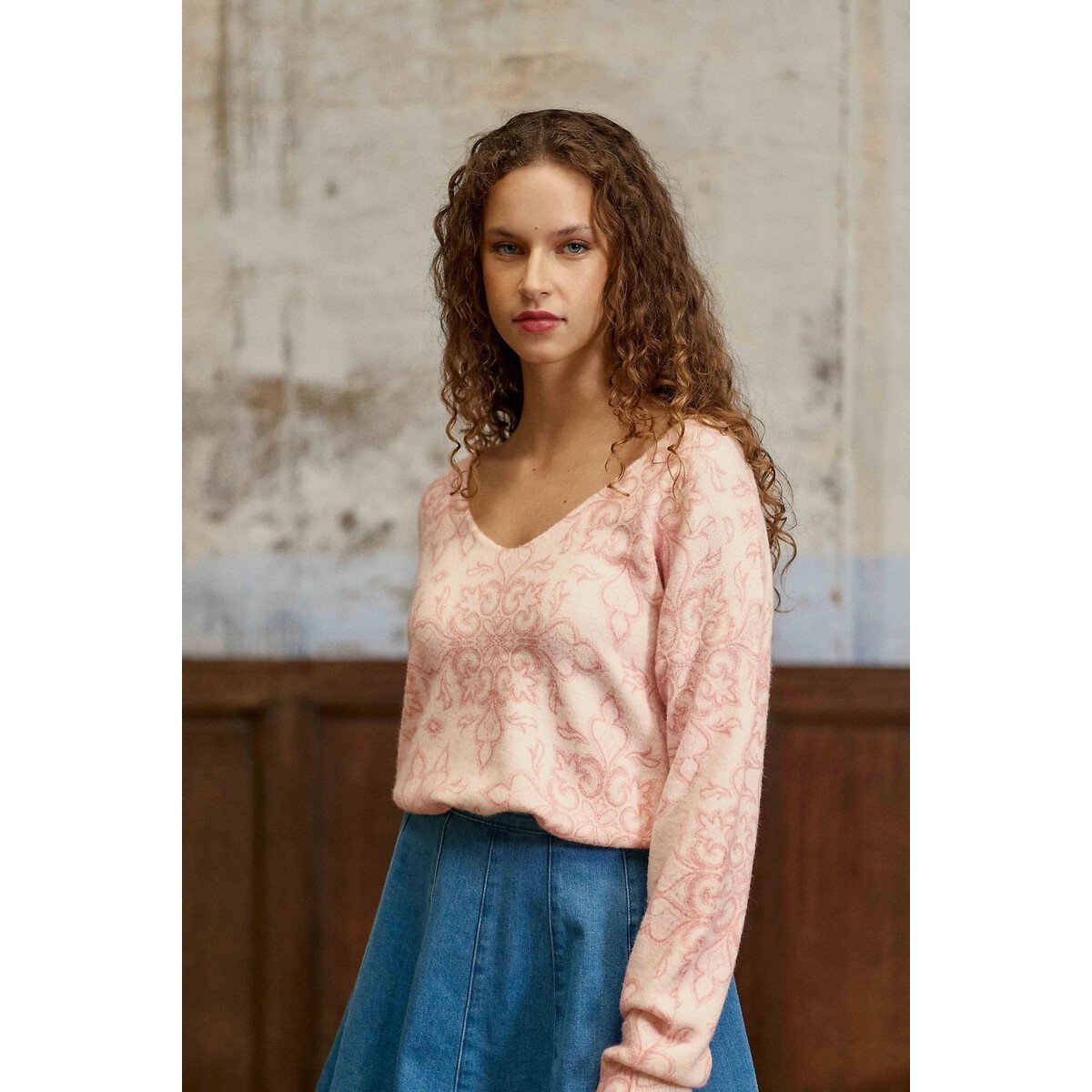 Pull col V imprimé, MARGOT imprimé rose, LA PETITE ETOILE
