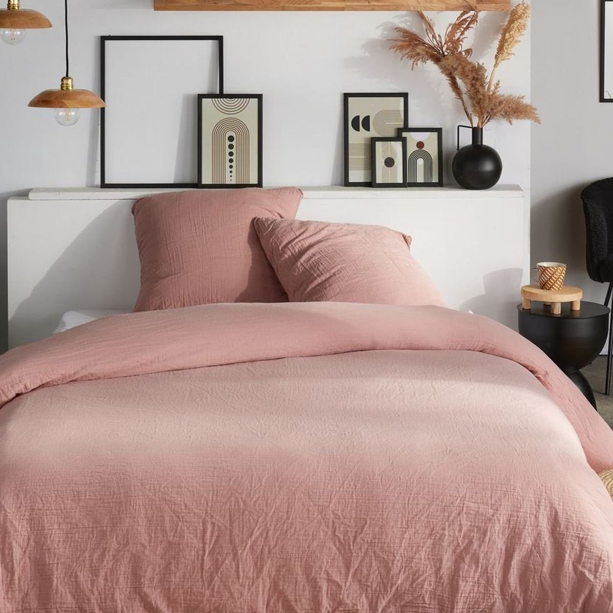Parure de lit gaze de coton unie ROSE ESSENTIAL rose, TODAY