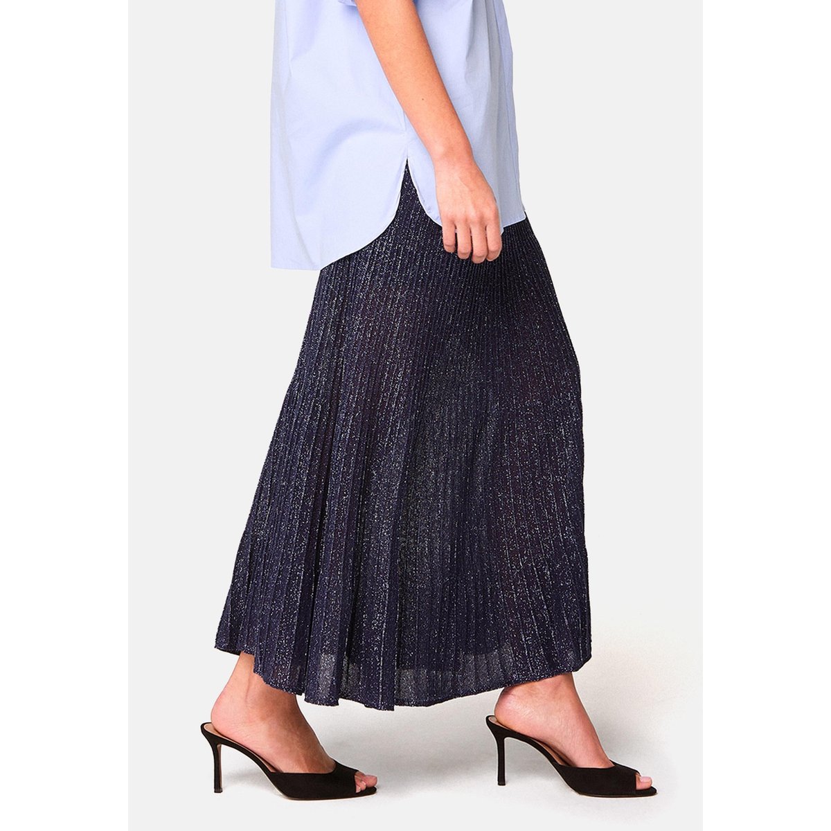 Jupe plissée longue en maille fil textile bleu marine, RODIER