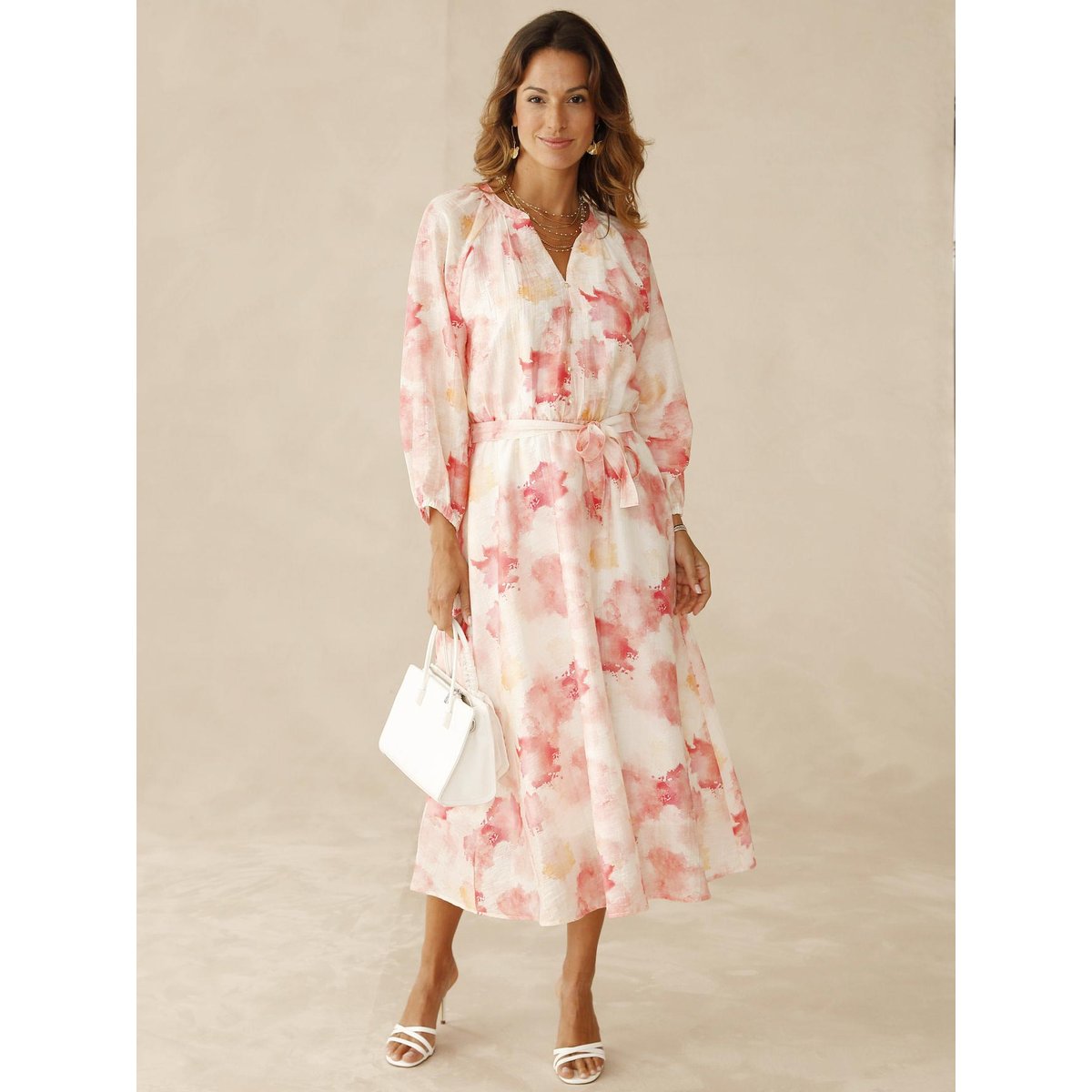 Robe longue taille élastiquée imprimé rose, DAXON