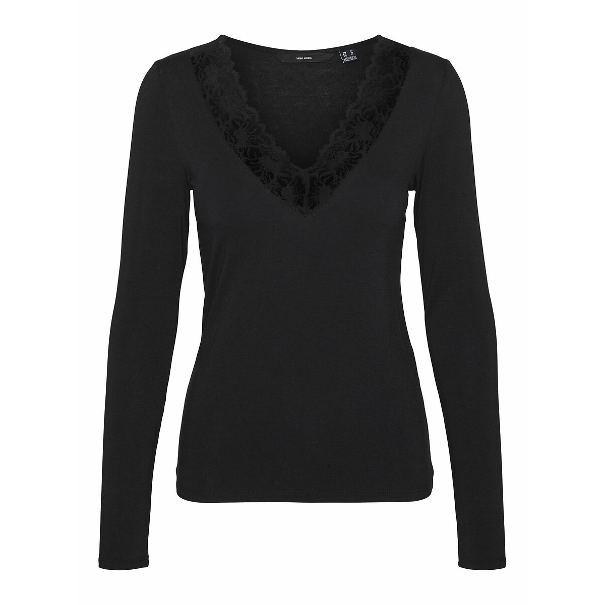 Long Sleeve T-Shirt with Lace-Trimmed V-Neck black, VERO MODA