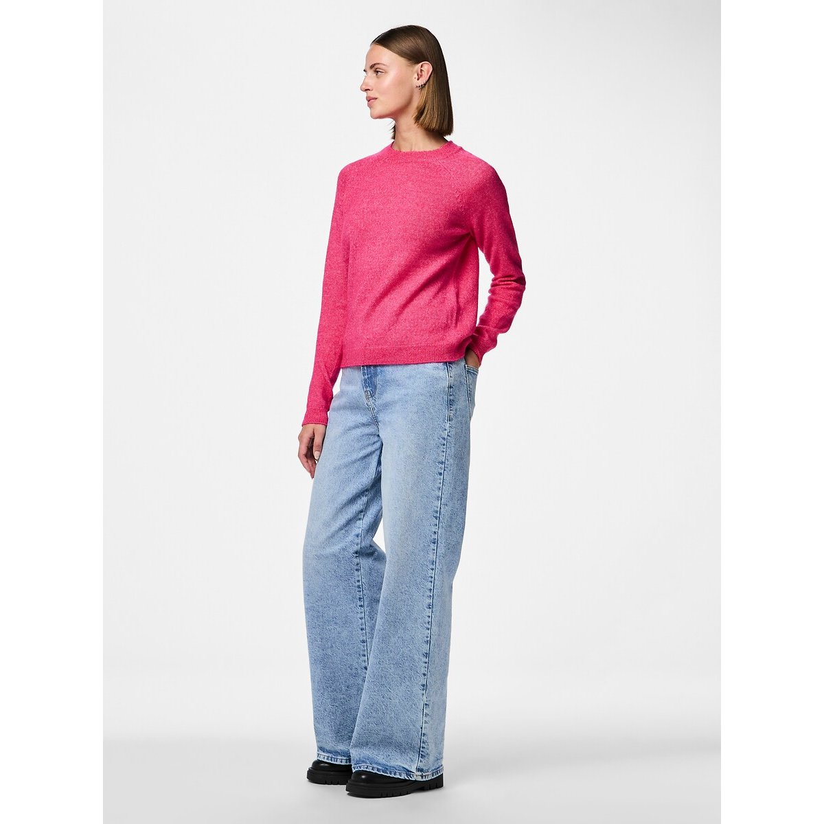 Pull en maille mousseuse, col rond rose, PIECES