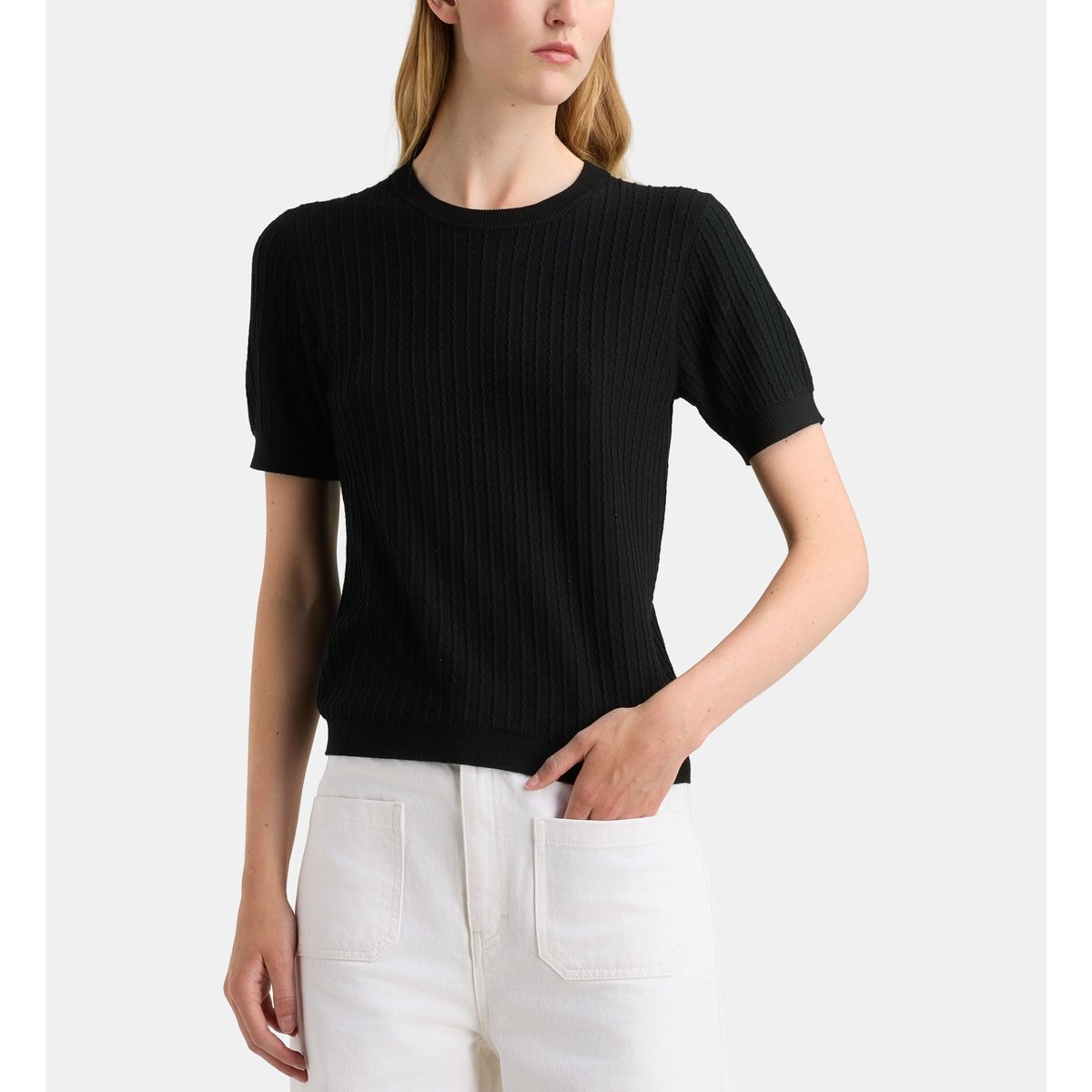 Pull droit ambre new maille fantaisie manches courtes noir, GALERIES LAFAYETTE