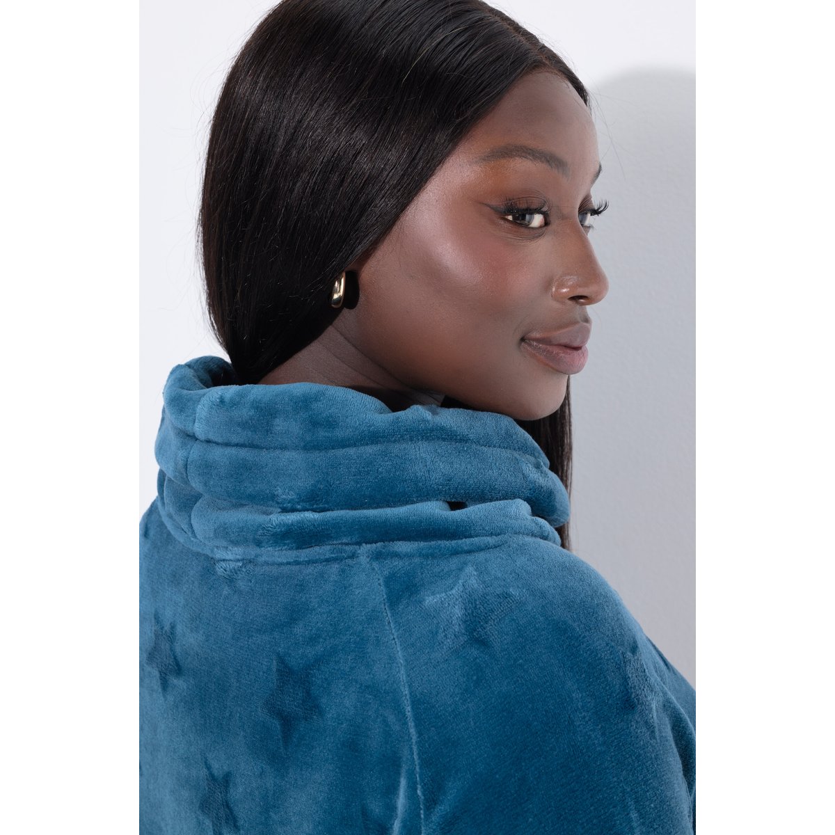 Sweater homewear, étoiles, col droit pétrol, ULLA POPKEN