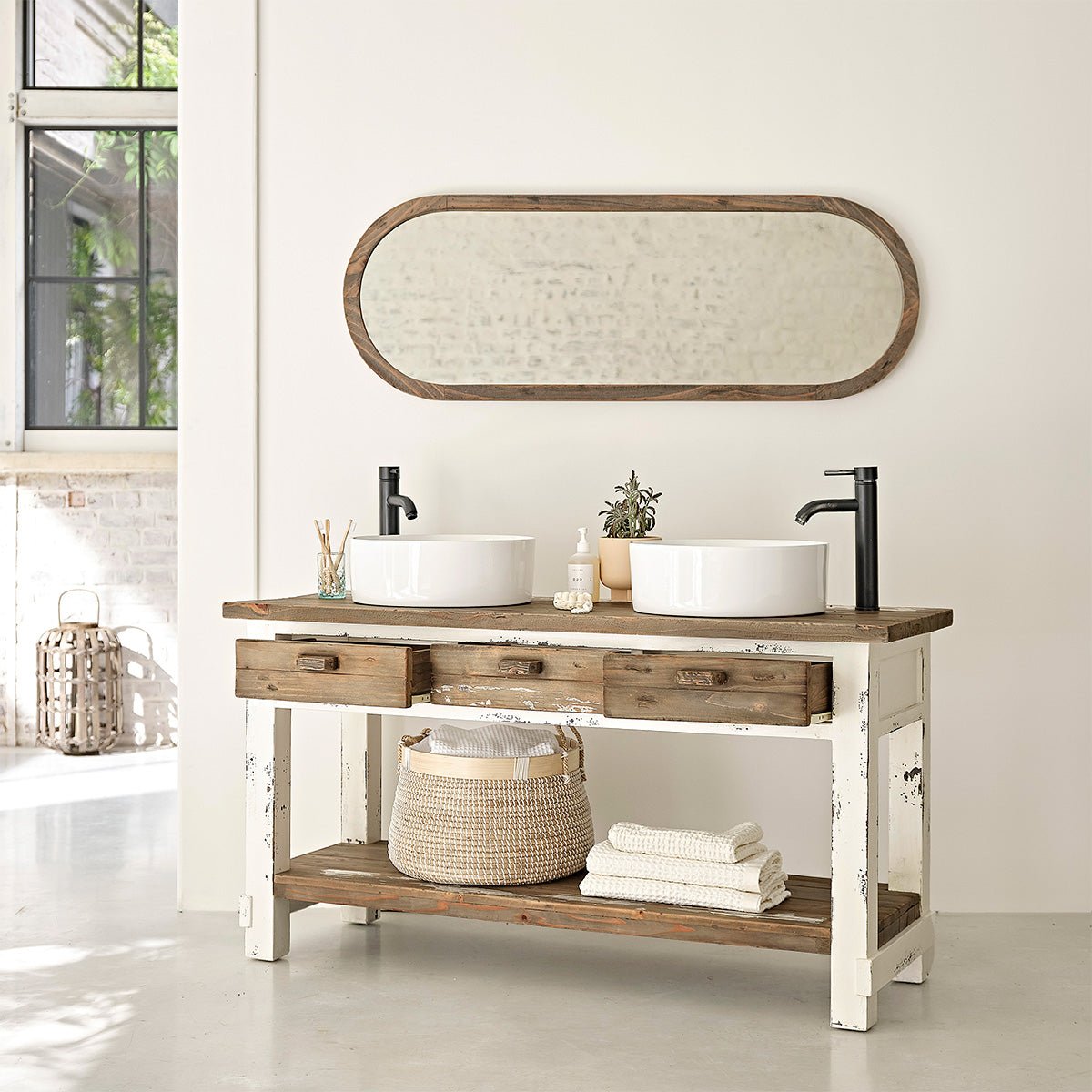 Meuble de salle de bain en bois recyclé 150 cm SEZANNE blanc, BERAH GETAH