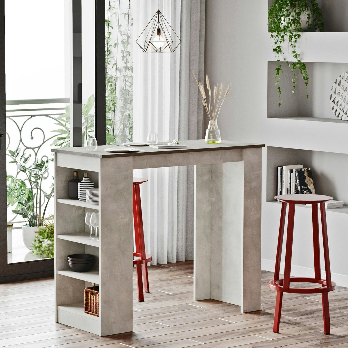 Table haute de cuisine avec étagères MARFA gris, PIER IMPORT